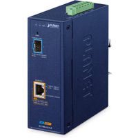 Blue PLANET IXT-900-1X1UP network media converter with Ethernet ports and green terminal block on top.