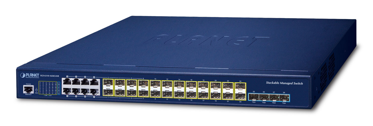 Blue metal managed switch with 16 SFP ports, labeled for 10G Ethernet, featuring a sleek design and the PLANET logo embossed on the top surface.