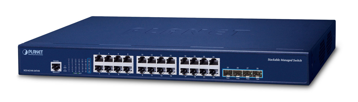 Blue metal managed switch with 24 Gigabit Ethernet ports, featuring a stackable design, labeled ports, and a single network interface for connectivity.
