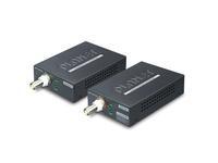 Black PLANET LRP-101C-KIT network extender kit featuring two compact transmitters and receivers with ventilation slots and LED indicators for connectivity status.