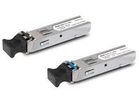 Silver metal transceiver module with a black plastic latch, labeled with specifications, designed for fiber optic connections at 1000 Mbit/s, featuring a compact, sleek design.