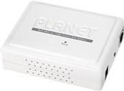 White PLANET POE-161S Network Splitter with a textured surface, featuring two Ethernet ports and ventilation holes on the side for heat dissipation.