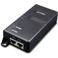 Black PLANET POE-172 network switch with two Ethernet ports, labeled LAN and POE, and LED indicators for power and activity.