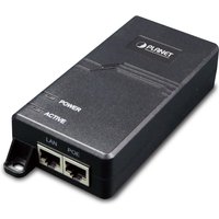 Black PLANET POE173 network switch with two Ethernet ports, LED indicators, and PoE capability.