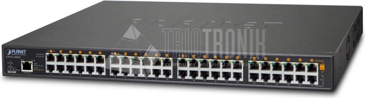 Black metal network switch with 24 Gigabit Ethernet ports, labeled LED indicators, and a single Ethernet port for uplink, featuring a sleek, modern design.