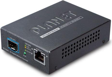 Black metal network media converter with "PLANET" logo, featuring multiple ports including fiber and Ethernet, designed for high-speed data transfer up to 10000 Mbit/s.