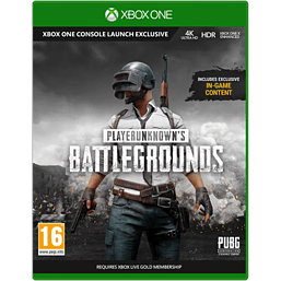 Green Xbox One game case featuring "PLAYERUNKNOWN'S BATTLEGROUNDS" title, a character in tactical gear with a helmet, and a battle scene background, marked with "4K Ultra HD" and "HDR" labels.
