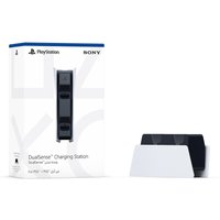 PlayStation 5 DualSense Charging Station, sleek white and black design, holds two controllers, with packaging box.