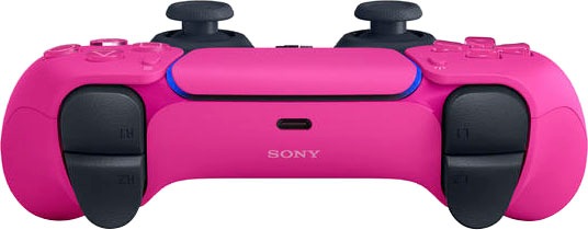 DualSense Wireless Controller in vibrant Nova Pink with black accents, featuring textured grips, adaptive triggers, and a central touchpad.