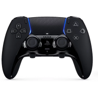 Black PlayStation 5 DualSense Edge controller with blue accents, textured grip, and signature button layout.
