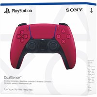 Cosmic Red PlayStation 5 DualSense Wireless Controller with black grips and buttons, featuring a touchpad and adaptive triggers.