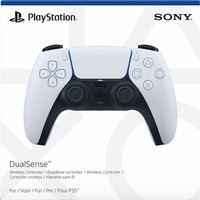 White PlayStation 5 DualSense wireless controller with black grips and blue LED accents