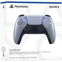 Sterling silver PlayStation DualSense wireless controller with black grips and blue accents in branded packaging.