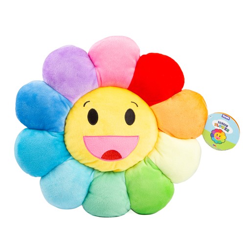 Soft toy shaped like a smiling flower with vibrant petals in pink, purple, red, orange, yellow, green, and blue, made of plush material for a cuddly feel.