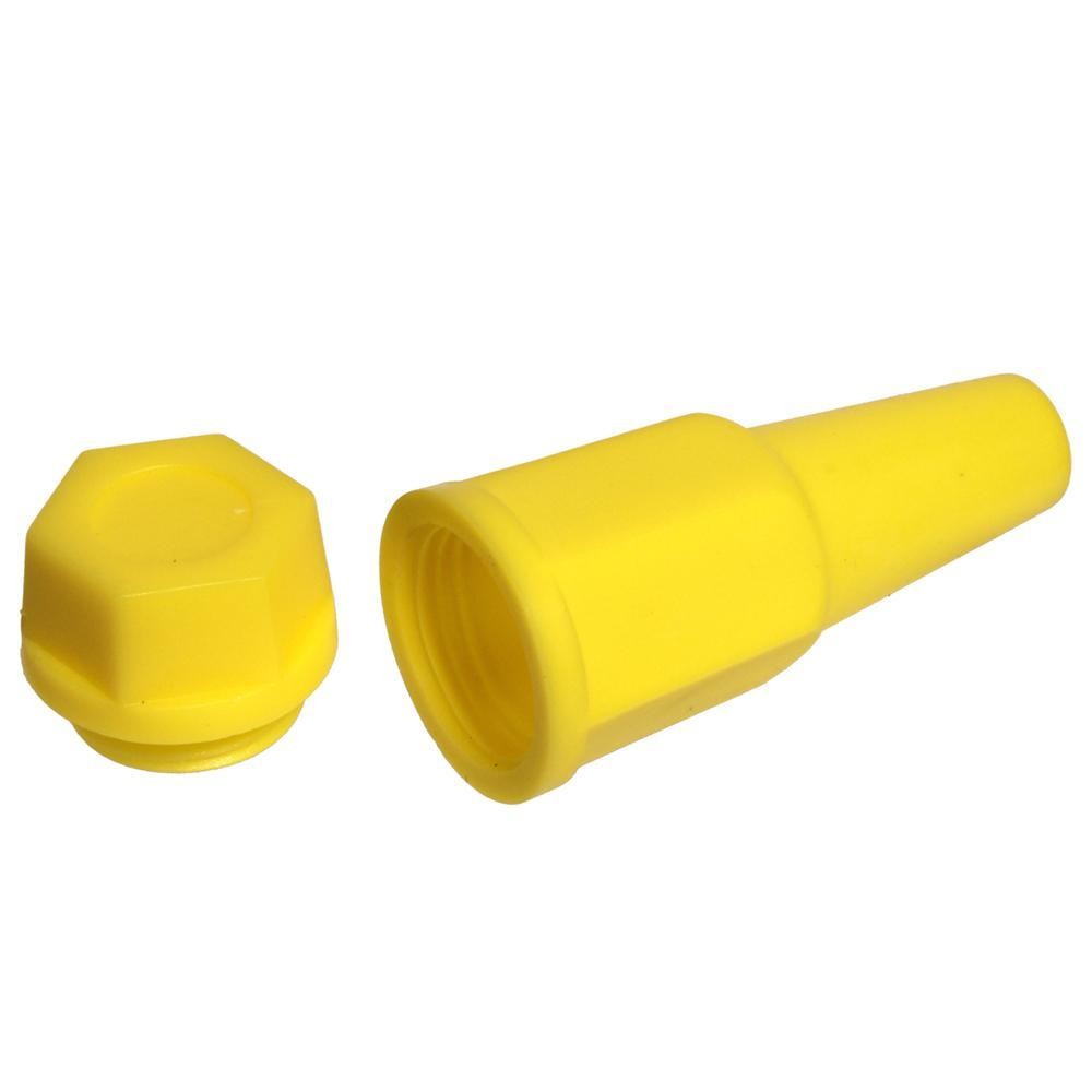 Bright yellow plastic spark plug holder with a tapered end and a hexagonal cap, designed for universal compatibility and secure storage.