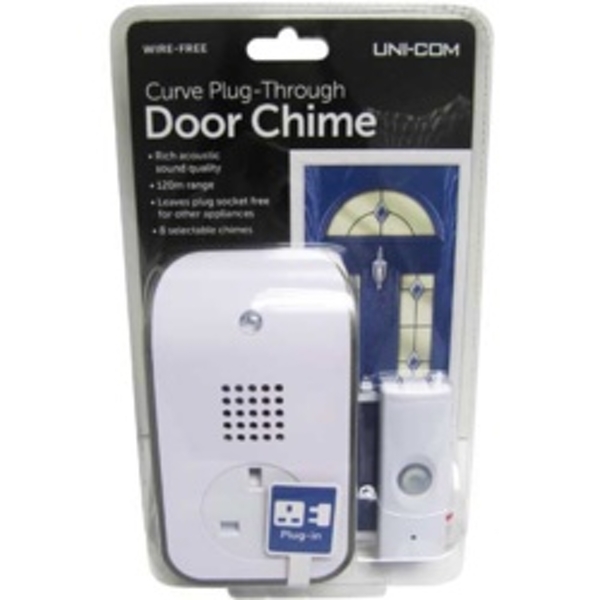White plug-through door chime with a sleek design, featuring a speaker unit and a remote button, packaged in clear plastic with a blue and white background.