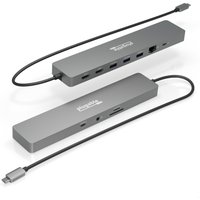 Gray Plugable 11-in-1 USB-C hub with multiple ports, including HDMI, USB, Ethernet, and 100W pass-through charging.