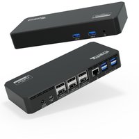 Black Plugable 12-in-1 USB C docking station with multiple USB ports, Ethernet, and HDMI connections.
