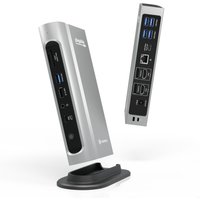 Silver Plugable 16-in-1 Thunderbolt 4 Dock with multiple USB ports, Ethernet, and 100W charging capability.