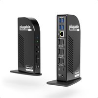 Black Plugable 4K USB-C docking station with vertical stand, multiple USB ports, and dual HDMI outputs.
