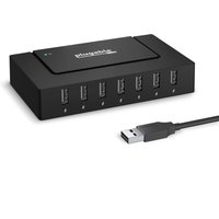 Black Plugable 7 Port USB Hub with six front USB ports, one side port, and attached USB cable.
