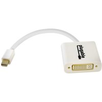 White Plugable Mini DisplayPort to DVI adapter with short cable and branded logo on the rectangular body.