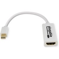 White Plugable Mini DisplayPort to HDMI adapter with short cable and branding on connector.