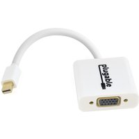 White Plugable Mini DisplayPort to VGA adapter with short cable and branded connector housing.
