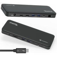 Black Plugable Thunderbolt 4 dock with multiple ports, including HDMI, USB, and Ethernet, sleek rectangular design.