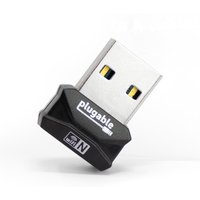 Black and silver Plugable USB 2.0 Nano WiFi adapter with "N" logo and Plugable branding on the black plastic casing.
