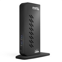 Black Plugable docking station with vertical stand, USB 3.0 and USB-C ports, and vent design on the side.