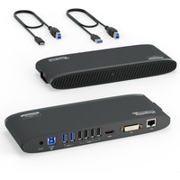 Black Plugable USB 3.0 docking station with multiple ports, including HDMI, DVI, Ethernet, and USB, plus two USB cables.
