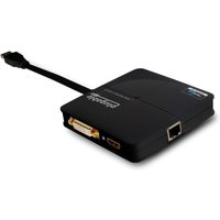 Black Plugable USB 3.0 mini docking station with attached cable, DVI, HDMI, and Ethernet ports.