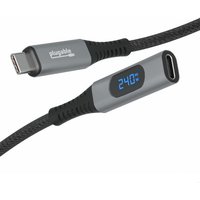 Plugable USB-C extension cable, 3.3 ft, with digital power meter display showing "240" in blue on a braided black cable.