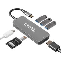 Gray Plugable USB-C Hub 7-in-1 with multiple ports, including USB, HDMI, and SD card slots, compact design.