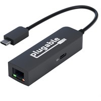 Black Plugable USB-C to Ethernet adapter with 2.5Gb port and 100W USB-C pass-through, compact rectangular design.