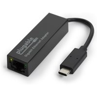 Black Plugable USB C to Ethernet Adapter with short cable and LED indicator lights