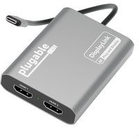 Gray Plugable USB C to HDMI adapter with two HDMI ports and a short attached cable.