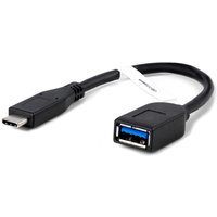 Black Plugable USB-C to USB-A adapter cable with driverless technology, featuring a compact design and flexible cord.