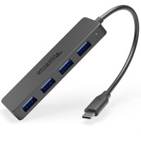 Black Plugable USB-C to USB 3.0 adapter hub with four blue USB ports and a short attached cable