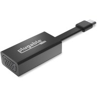 Black Plugable USB C to VGA adapter with Thunderbolt 3 compatibility, featuring a compact rectangular design.