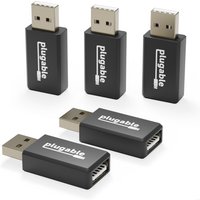 Black Plugable USB data blockers, compact rectangular design, with white logo, set of five.