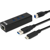 Black Plugable USB hub with three USB 3.0 ports, Ethernet port, USB-A and USB-C cables included.