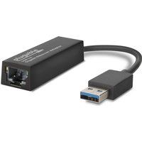 Black Plugable USB 3.0 to Gigabit Ethernet adapter with rectangular body and short cable ending in a blue USB connector.