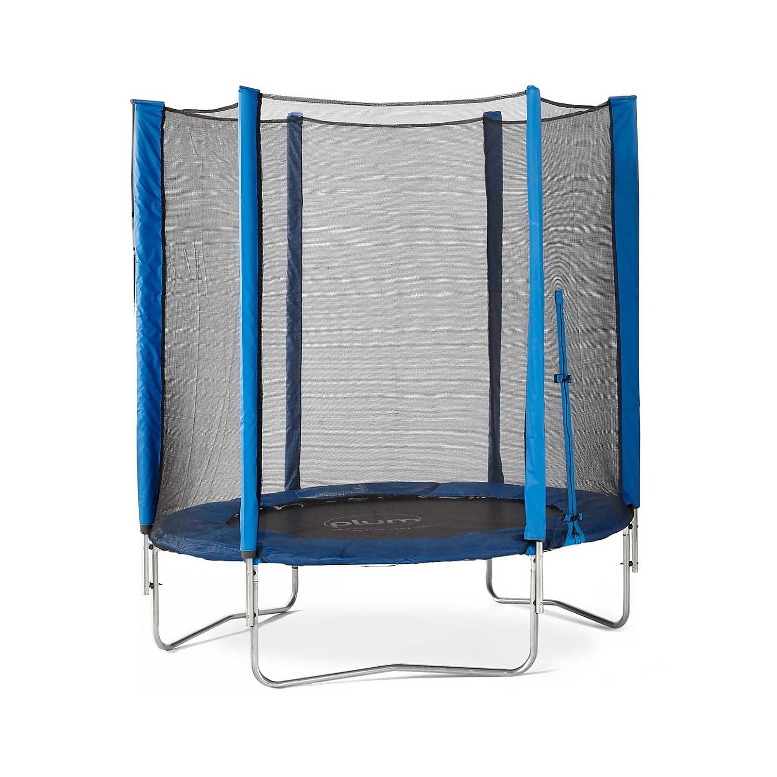 6ft blue trampoline with a black jumping mat, surrounded by a safety enclosure with blue padding, supported by a sturdy silver metal frame.