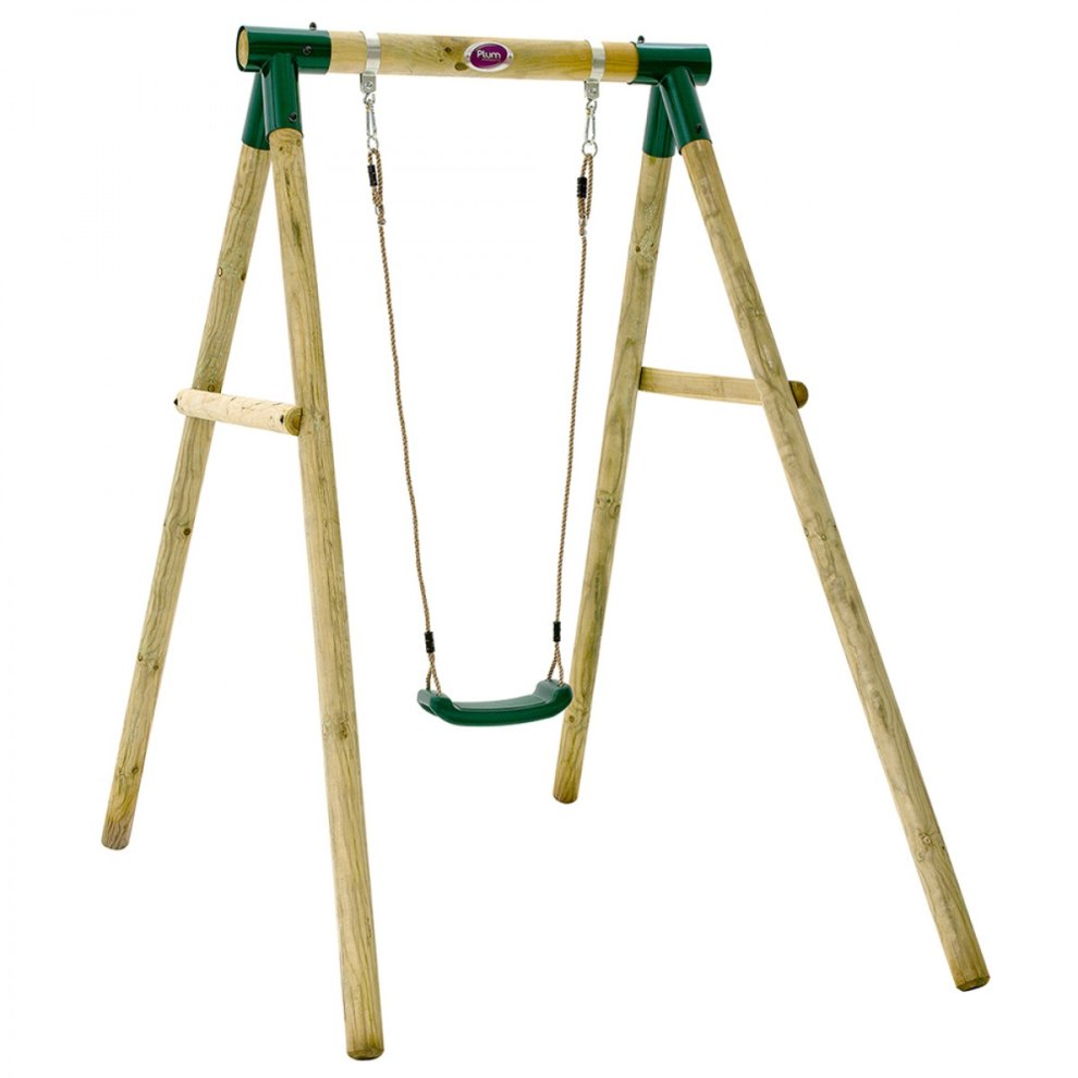 Wooden garden swing set featuring a sturdy A-frame design with natural wood finish, green accents, and a black swing seat suspended by adjustable ropes.