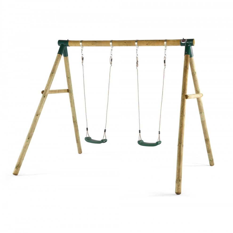 Wooden swing set by Plum Play featuring a natural wood finish, green swing seats, and sturdy A-frame construction with metal connectors.