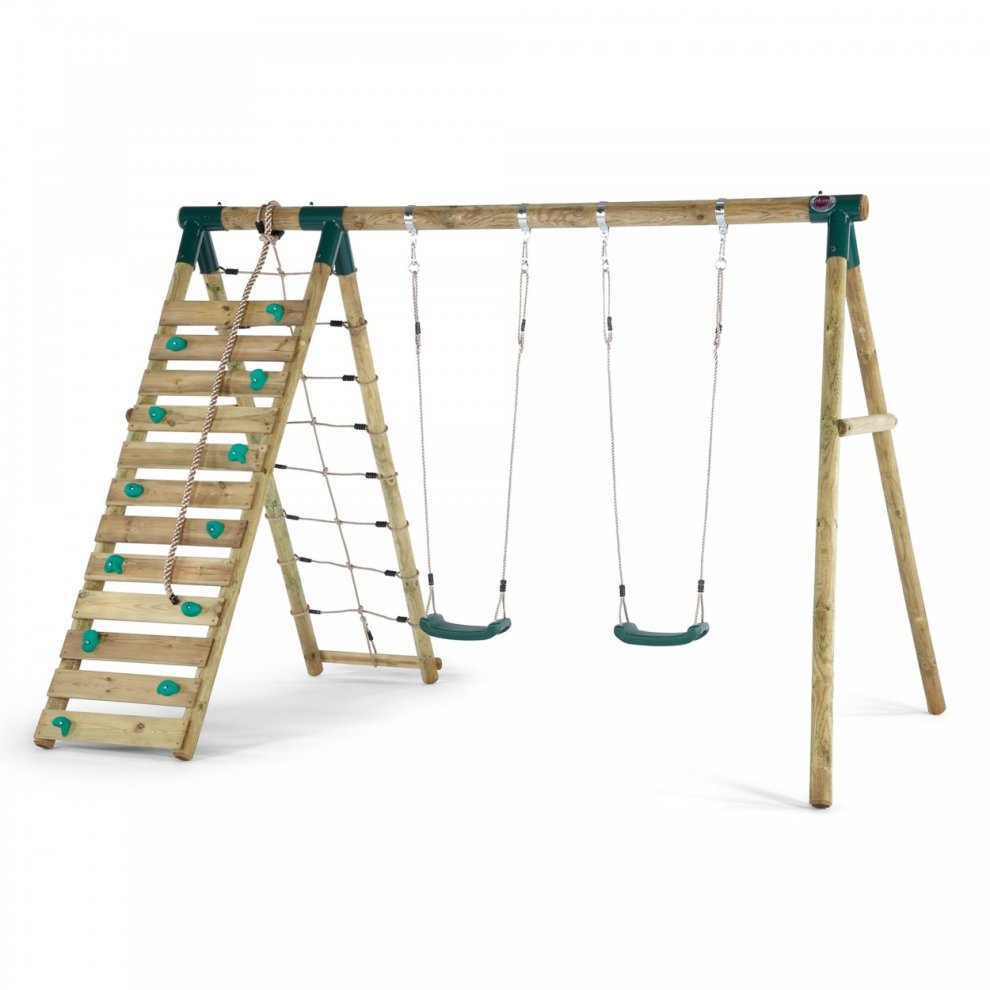 Wooden garden swing and climbing frame in natural wood finish, featuring two green swings, a climbing ladder, and a rope ladder for active play.