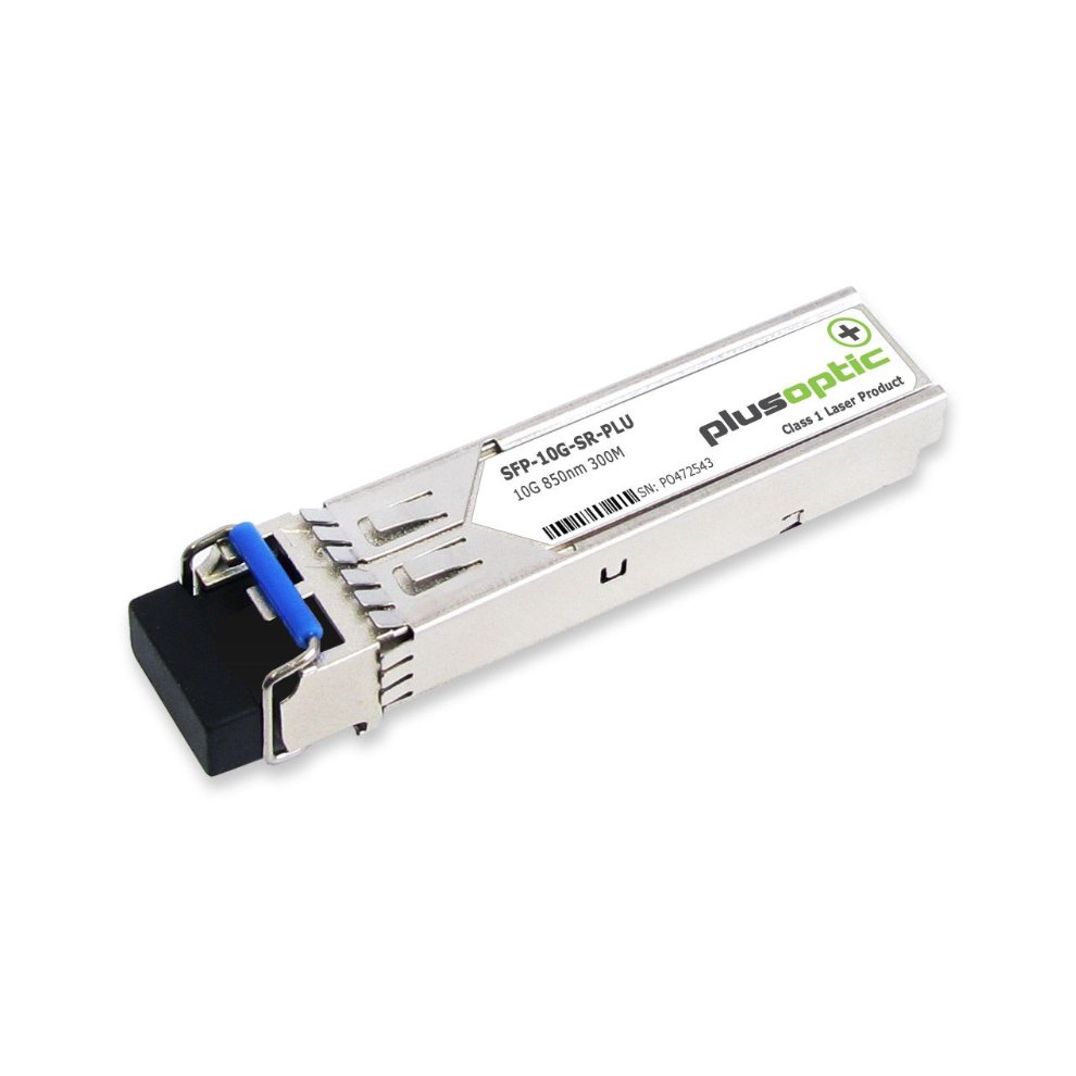 Silver transceiver module with a blue latch, labeled "PLUSOPTIC," designed for 10G 850Nm 300M connectivity, featuring a compact, rectangular metal casing.
