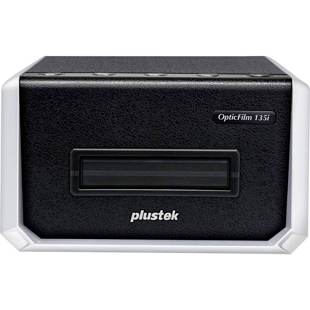 Compact black scanner with a textured finish, featuring a white trim, a front slot for film, and labeled buttons on the top for easy operation.
